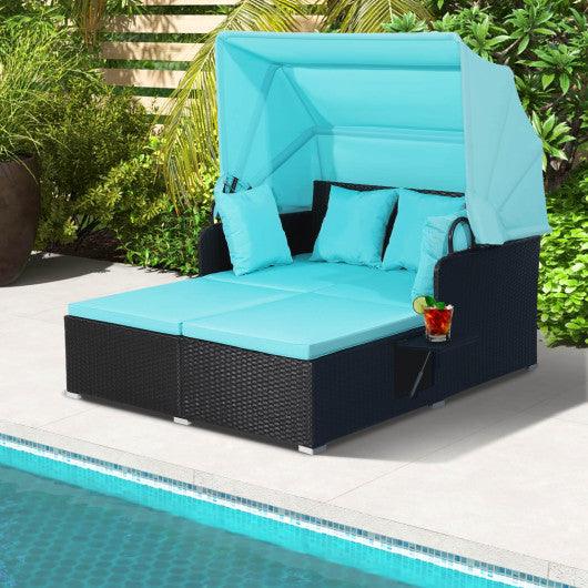 Patio Rattan Daybed with Retractable Canopy and Side Tables-Turquoise at Set Shop and Smile