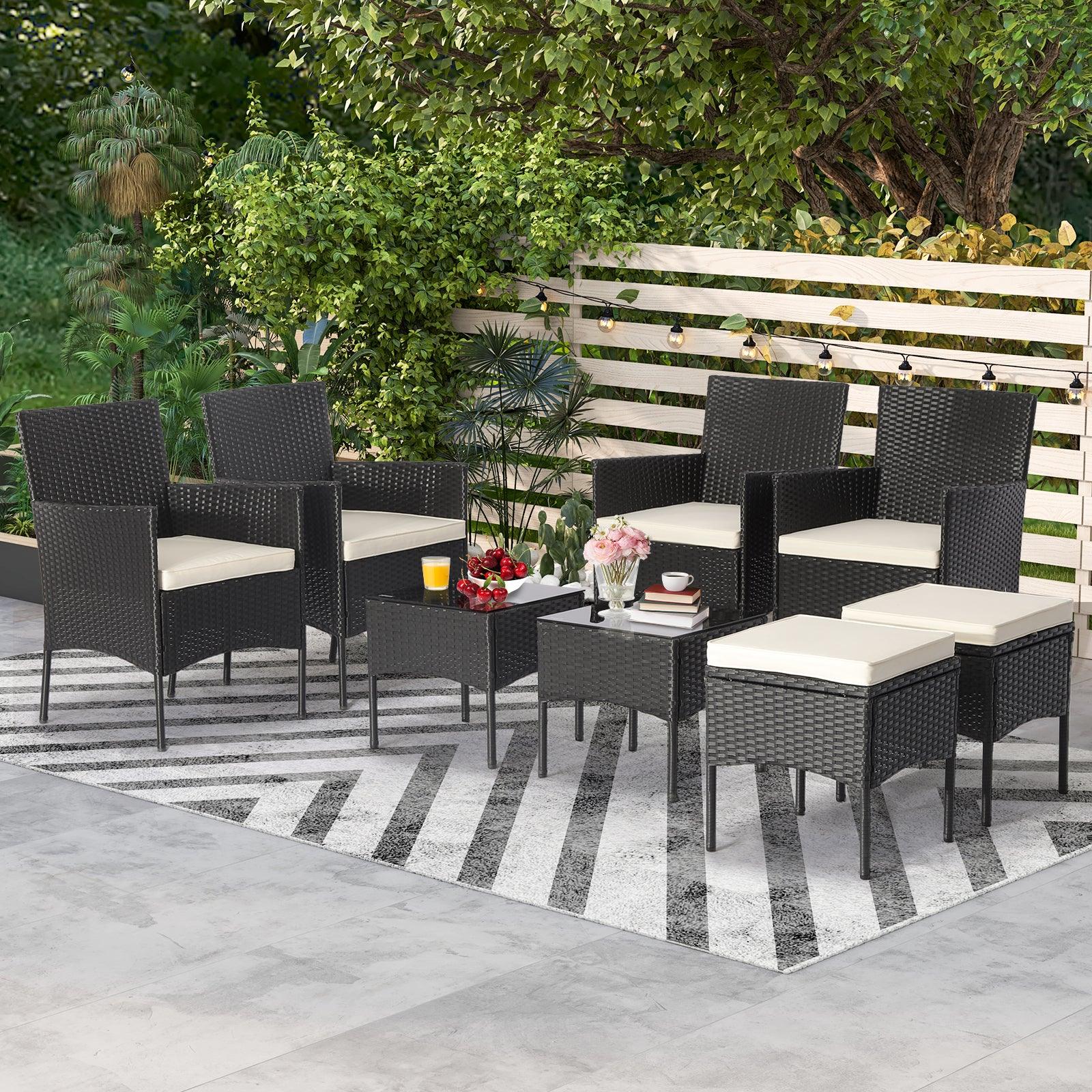 8 Pieces Patio Wicker Conversation Set with 2 Coffee Tables and 2 Ottomans at Set Shop and Smile