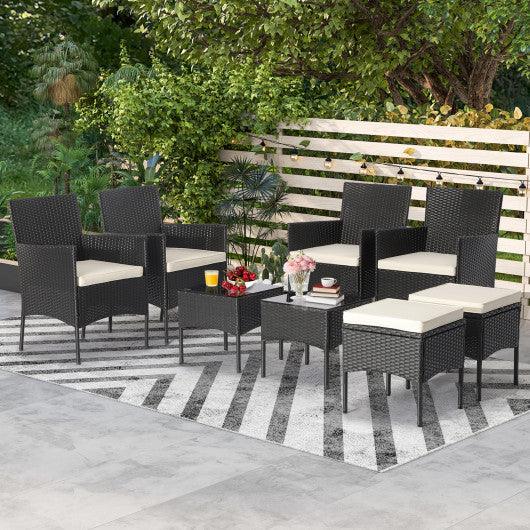 8 Pieces Patio Wicker Conversation Set with 2 Coffee Tables and 2 Ottomans at Set Shop and Smile