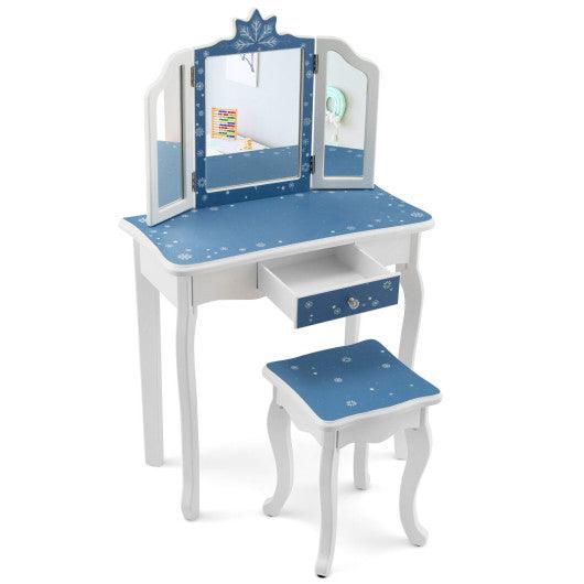 Princess Vanity Table and Chair Set with Tri-Folding Mirror and Snowflake Print-Blue at Set Shop and Smile