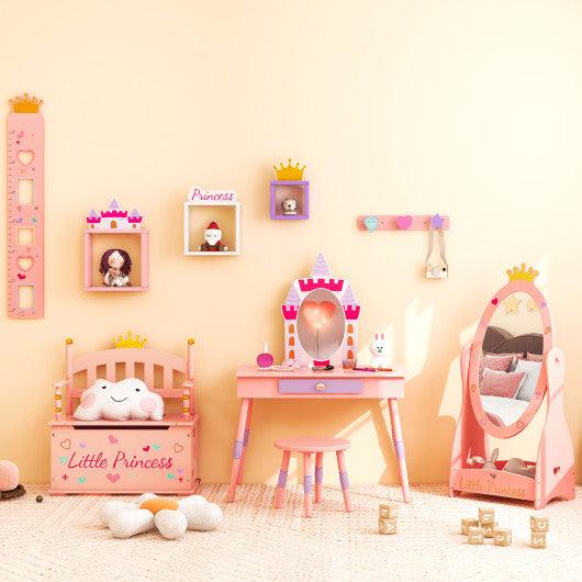Kids Princess Vanity Table and Stool Set with Drawer and Mirror-Pink at Set Shop and Smile