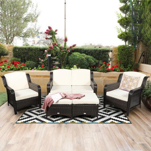 5 Pieces Patio Rattan Sofa Set with Cushion and Ottoman-Off White at Set Shop and Smile