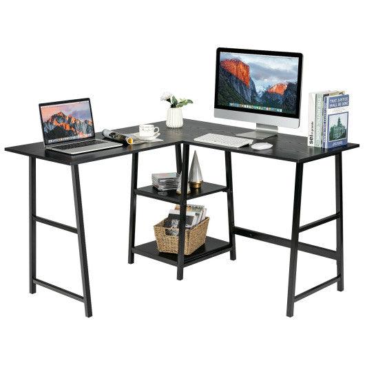 L Shaped Corner Computer Desk with Storage Shelves-Black at Set Shop and Smile