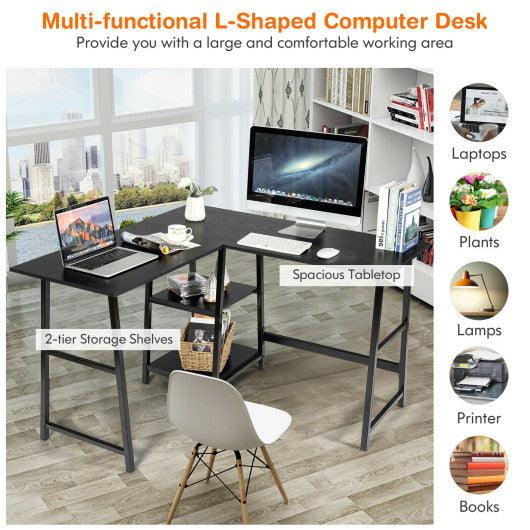 L Shaped Corner Computer Desk with Storage Shelves-Black at Set Shop and Smile