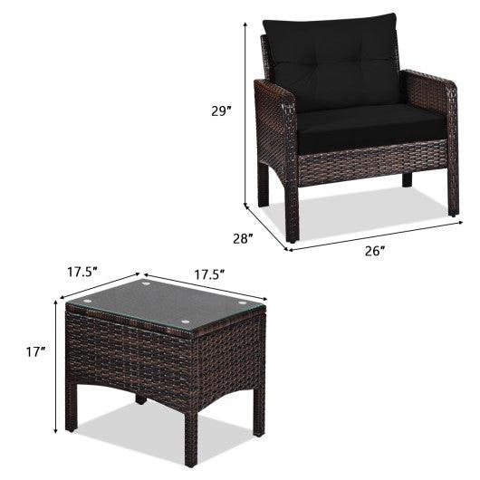 3 Pcs Outdoor Patio Rattan Conversation Set with Seat Cushions-Black at Set Shop and Smile