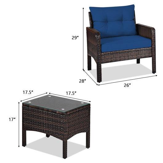 3 Pieces Outdoor Patio Rattan Conversation Set with Seat Cushions-Navy at Set Shop and Smile