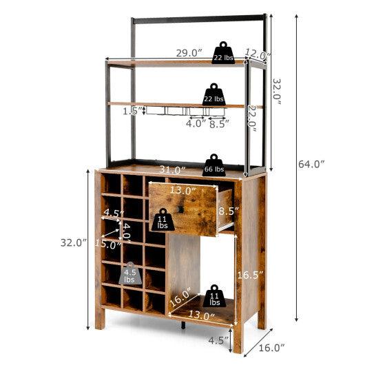 Kitchen Bakers Rack Freestanding Wine Rack Table with Glass Holder and Drawer-Rustic Brown at Set Shop and Smile