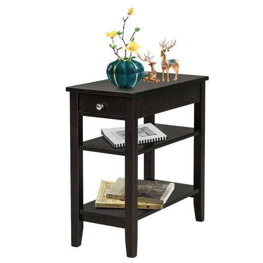 Side End Table with Drawer and 2-Tier Open Storage Shelves for Space Saving-Brown at Set Shop and Smile