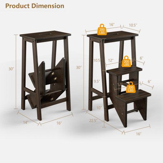 3-in-1 Rubber Wood 3 Tier Folding Step Stool Ladder Storage Shelf-Brown at Set Shop and Smile