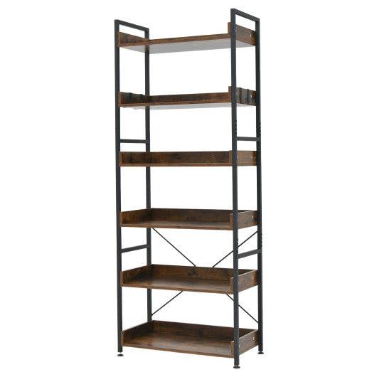 6-Tier Tall Industrial Bookcase with Open Shelves and 4 Hooks-Brown at Set Shop and Smile