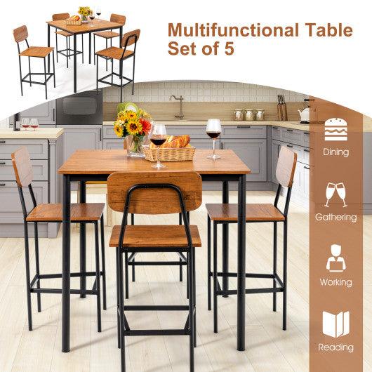 5-Piece Industrial Dining Table Set with Counter Height Table and 4 Bar Stools-Walnut at Set Shop and Smile