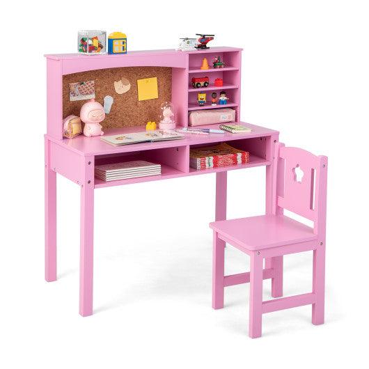 Kids Desk and Chair Set with Hutch and Bulletin Board for 3+ Kids-Pink at Set Shop and Smile