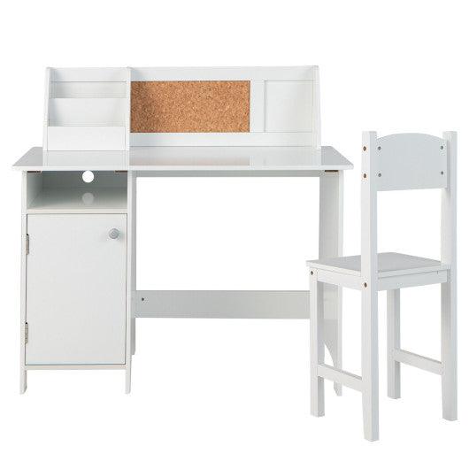 Wooden Kids Study Desk and Chair Set with Storage Cabinet and Bulletin Board-White at Set Shop and Smile