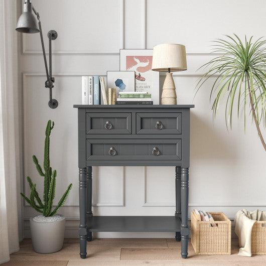 Narrow Console Table with 3 Storage Drawers and Open Bottom Shelf at Set Shop and Smile