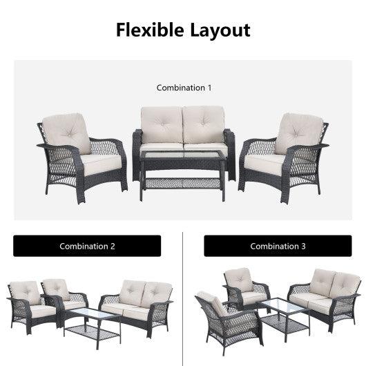 4 Pieces Patio Wicker Furniture Set Loveseat Sofa Coffee Table with Cushion-Beige at Set Shop and Smile