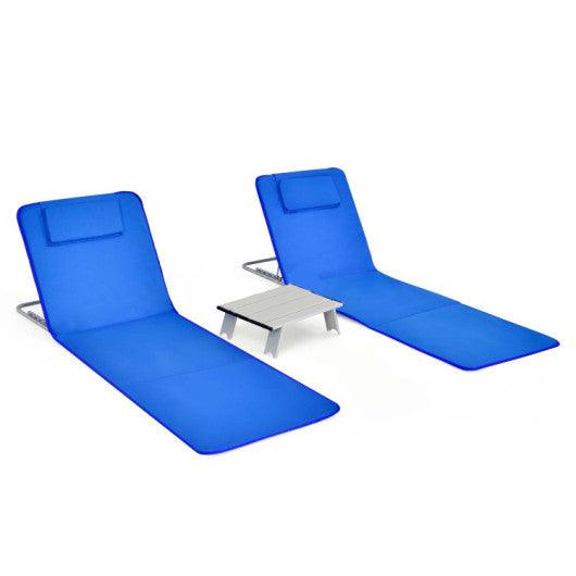3 Pieces Beach Lounge Chair Mat Set 2 Adjustable Lounge Chairs with Table Stripe-Blue at Set Shop and Smile