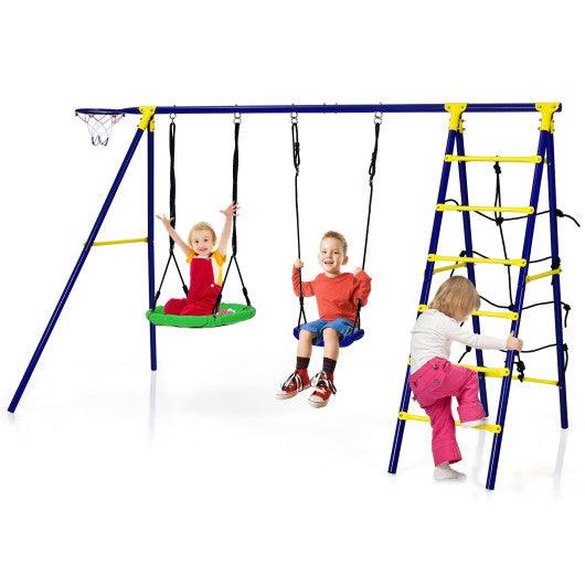 5-In-1 Outdoor Kids Swing Set with A-Shaped Metal Frame and Ground Stake at Set Shop and Smile