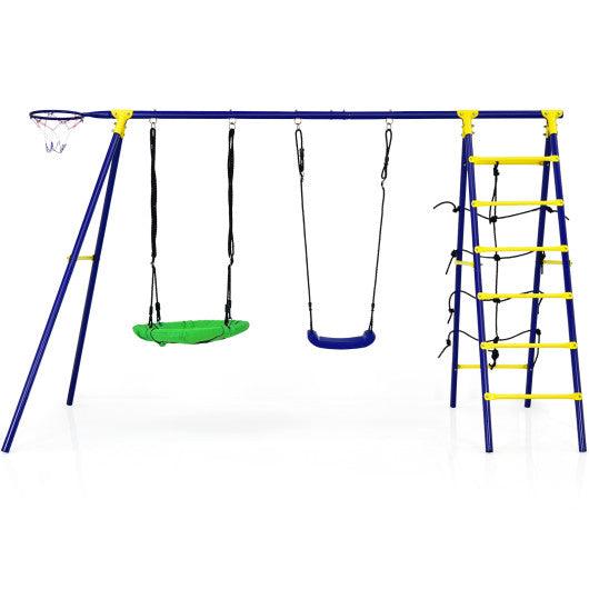 5-In-1 Outdoor Kids Swing Set with A-Shaped Metal Frame and Ground Stake at Set Shop and Smile