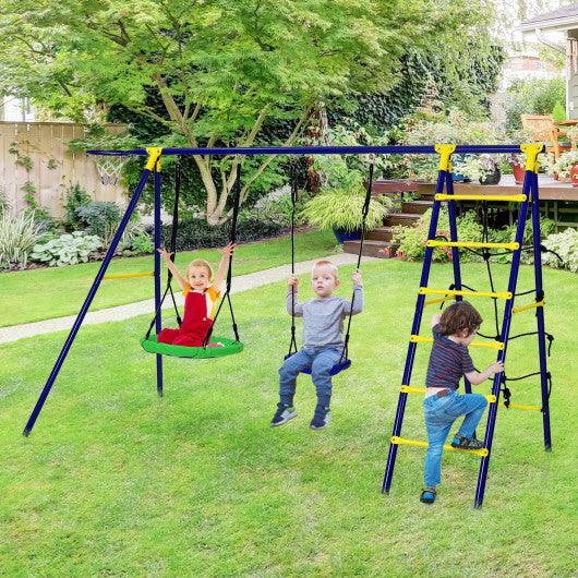 5-In-1 Outdoor Kids Swing Set with A-Shaped Metal Frame and Ground Stake at Set Shop and Smile