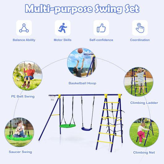 5-In-1 Outdoor Kids Swing Set with A-Shaped Metal Frame and Ground Stake at Set Shop and Smile