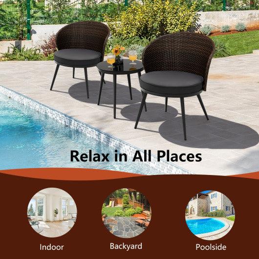 3 Pieces Patio Rattan Bistro Set with 2 Seat Cushions and Tempered Glass Tabletop-Brown at Set Shop and Smile