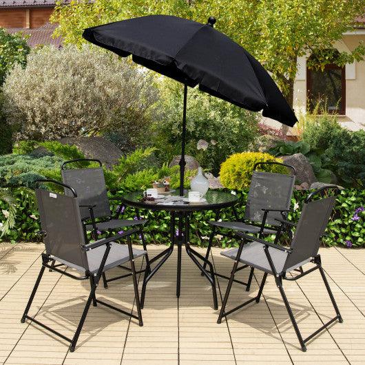 6 Pieces Patio Dining Set Folding Chairs Glass Table Tilt Umbrella for Garden-Gray at Set Shop and Smile