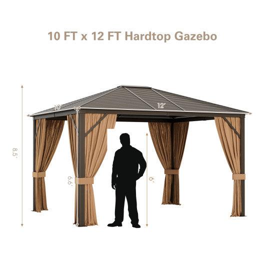 12 x10 Feet Outdoor Hardtop Gazebo with Galvanized Steel Top and Netting-Brown at Set Shop and Smile