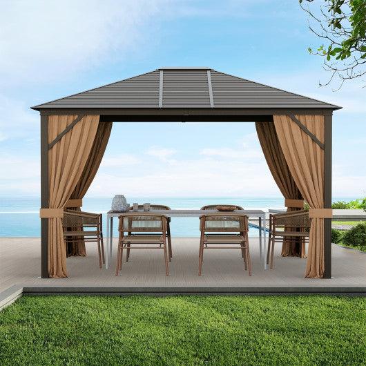 12 x10 Feet Outdoor Hardtop Gazebo with Galvanized Steel Top and Netting-Brown at Set Shop and Smile
