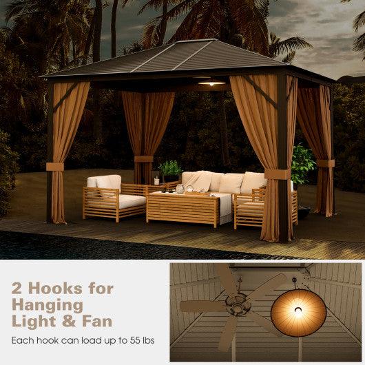 12 x10 Feet Outdoor Hardtop Gazebo with Galvanized Steel Top and Netting-Brown at Set Shop and Smile