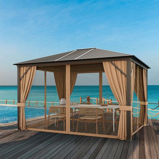 12 x10 Feet Outdoor Hardtop Gazebo with Galvanized Steel Top and Netting-Brown at Set Shop and Smile