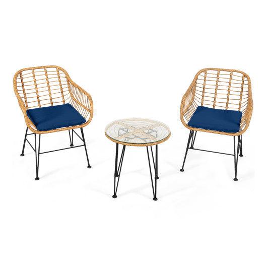 3 Pieces Rattan Furniture Set with Cushioned Chair Table-Navy at Set Shop and Smile