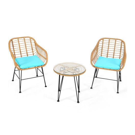 3 Pieces Rattan Furniture Set with Cushioned Chair Table-Turquoise at Set Shop and Smile