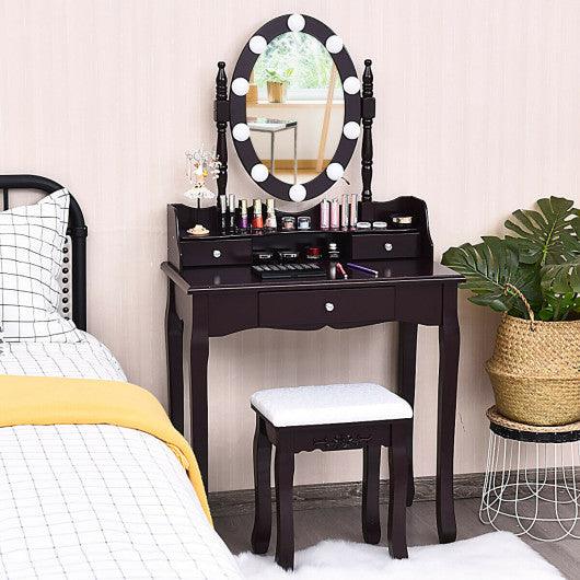 Oval Mirror Vanity Set with 10 LED Dimmable Bulbs and 3 Drawers-Brown at Set Shop and Smile