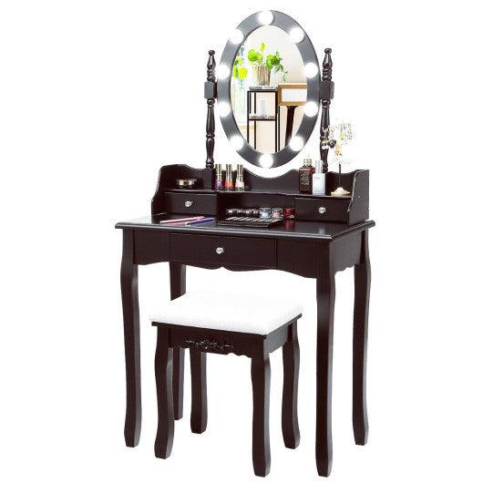 Oval Mirror Vanity Set with 10 LED Dimmable Bulbs and 3 Drawers-Brown at Set Shop and Smile