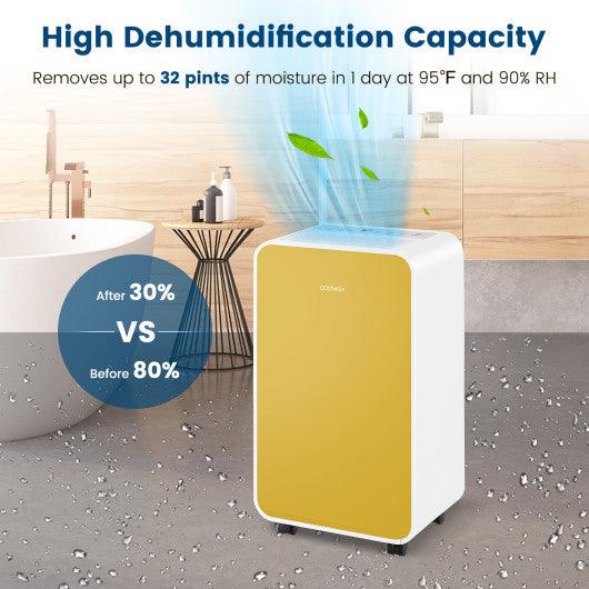 32 Pints/Day Portable Quiet Dehumidifier for Rooms up to 2500 Sq. Ft-Yellow at Set Shop and Smile