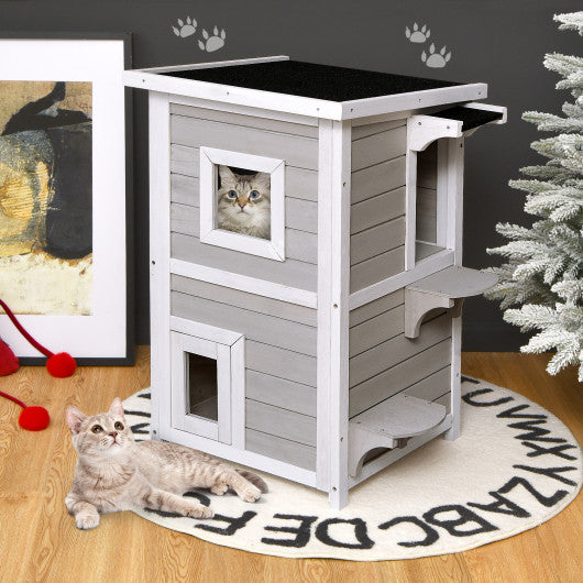 2-Story Wooden Cat House with Escape Door Rainproof - Set Shop and Smile