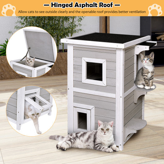 2-Story Wooden Cat House with Escape Door Rainproof - Set Shop and Smile