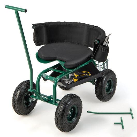 Rolling Garden Cart with Height Adjustable Swivel Seat and Storage Basket-Green at Set Shop and Smile