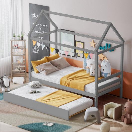 Twin House Bed Frame with Trundle Roof Wooden Platform Mattress Foundation-Gray at Set Shop and Smile