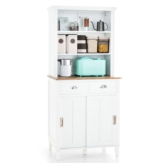 Freestanding Kitchen Pantry with Hutch Sliding Door and Drawer-White at Set Shop and Smile