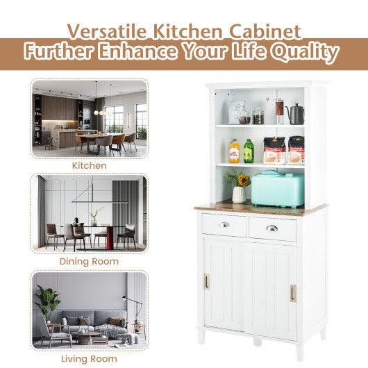 Freestanding Kitchen Pantry with Hutch Sliding Door and Drawer-White at Set Shop and Smile
