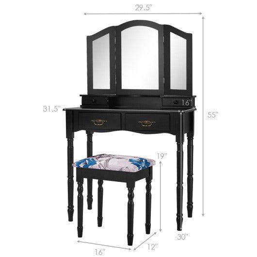 Simple Vanity Set with Tri-Folding Mirror Drawers and Storage Shelf-Black at Set Shop and Smile