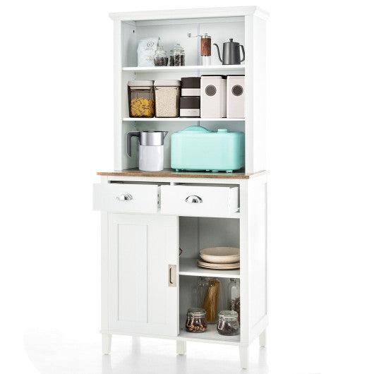 Freestanding Kitchen Pantry with Hutch Sliding Door and Drawer-White at Set Shop and Smile