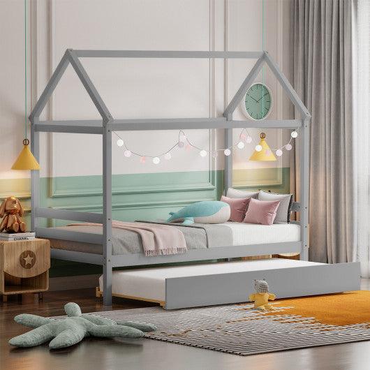 Twin House Bed Frame with Trundle Roof Wooden Platform Mattress Foundation-Gray at Set Shop and Smile