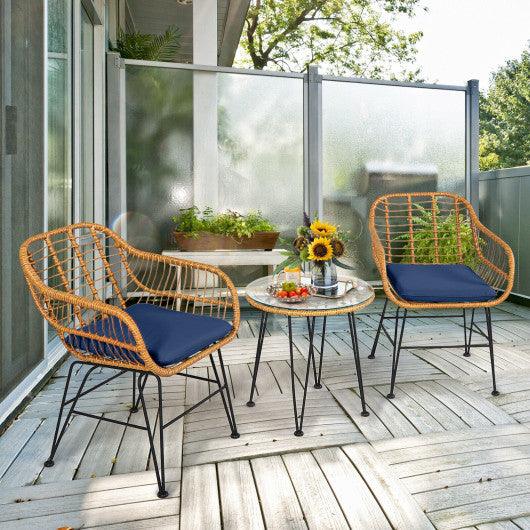 3 Pieces Rattan Furniture Set with Cushioned Chair Table-Navy at Set Shop and Smile