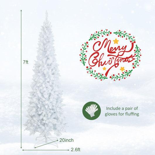 7 Feet Pre-Lit Hinged Pencil Christmas Tree White with 300 LED Lights and 8 Flash Modes at Set Shop and Smile