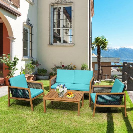 4 Pieces Patio Rattan Furniture Set with Removable Cushions-Turquoise at Set Shop and Smile