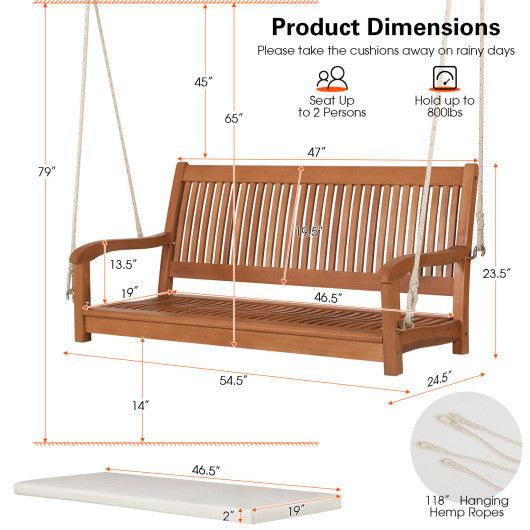 2-Person Hanging Porch Swing Wood Bench with Cushion Curved Back at Set Shop and Smile