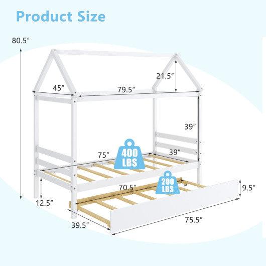 Twin House Bed Frame with Trundle Roof Wooden Platform Mattress Foundation-White at Set Shop and Smile