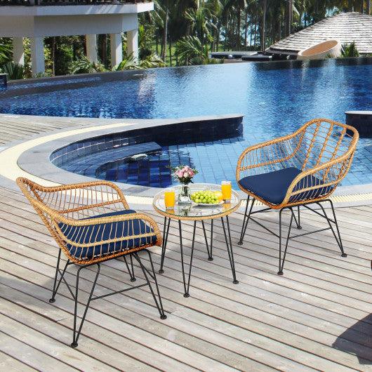 3 Pieces Rattan Furniture Set with Cushioned Chair Table-Navy at Set Shop and Smile
